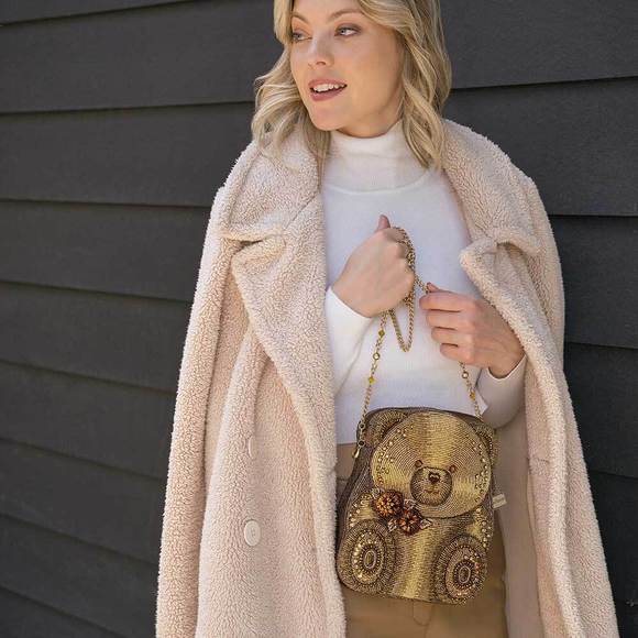 Mary Frances Can't Bear It Beaded Crossbody Zip Handbag Floral Bag Gold Purse NW